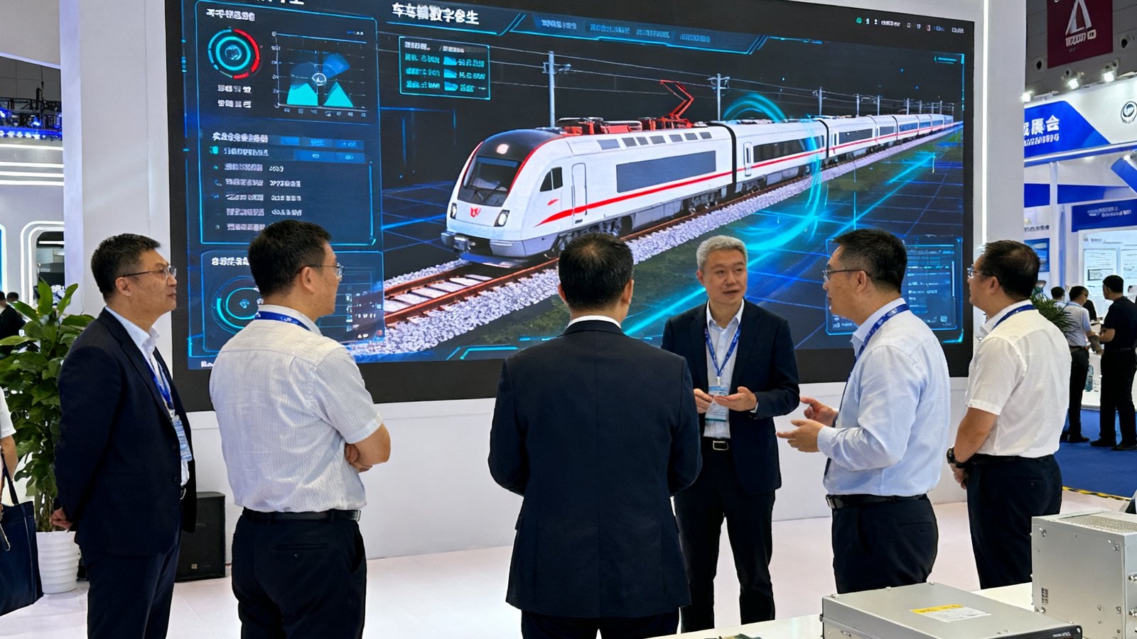 2024年中国国际铁路装备展览会上，谈球吧展台的大型LED屏幕正播放着车辆数字孪生演示动画，多位行业专家驻足观看并交流，展台上摆放着平台主控单元实物样品